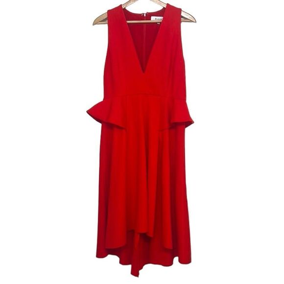 Red Dress Woman's Size XL Peplum Sleeveless High Low Hem Deep V-Neck Elliatt NEW - Picture 2 of 12